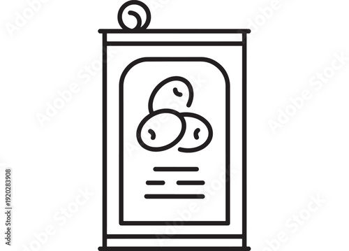 Can food tin icon with simple black line outline, canned beans label, minimal monochrome vector symbol for grocery packaging, pantry storage, retail and web UI