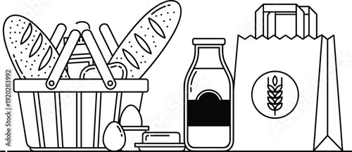 Grocery basket illustration, food shopping items, baguettes, milk bottle, butter, eggs, paper bag, nutrition concept, supermarket supplies, black line drawing set