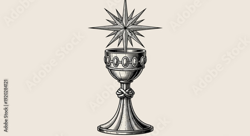 An ornate silver goblet with a starburst design on top stands alone on a plain surface viewed from a straightforward angle
