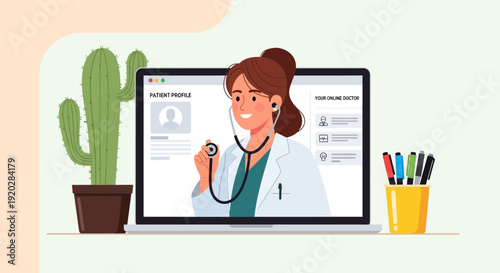 A cartoon doctor on a laptop screen holding a stethoscope with a cactus and pens nearby