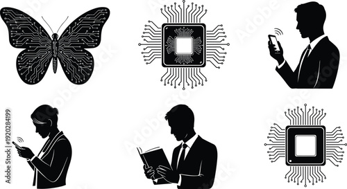 Technology and human interaction silhouettes, butterfly with circuit wings, microchip design, smartphone communication, reading book, digital devices, electronics, innovation concept illustration