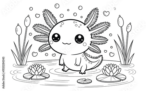 Cute Axolotl in Pond with Lily Pads and Reeds Black and White Line Art