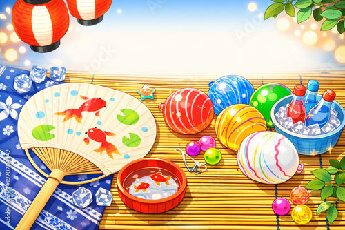 夏祭りの縁日小物と金魚うちわ(AI生成画像)