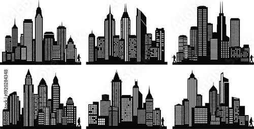 Black city skyline silhouette set with modern skyscrapers, urban buildings, architectural towers, and pedestrian figures, isolated vector illustration for metropolitan business design concepts.