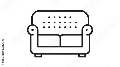 Sofa minimalist line icon with armrests and back cushion dots for living room, simple vector illustration featuring furniture, home decor, couch with modern and contemporary elements for black and