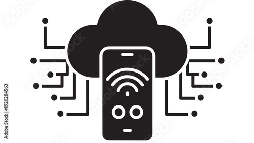 Cloud computing icon with smartphone and wireless signal connected to circuit lines, data network concept for mobile internet, IoT, server sync, and cloud services