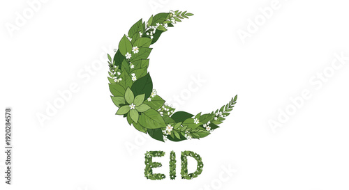 Crescent moon shape constructed entirely from lush green leaves and delicate white blossoms celebrating eid