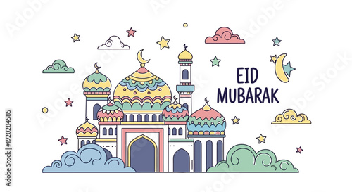 Colorful cartoon mosque illustration celebrating Eid Mubarak with stars and floating clouds