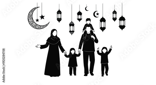 Muslim family illustration celebrating a religious holiday with glowing lanterns and crescent moon symbols