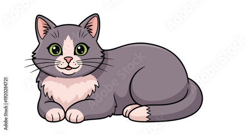 A cartoon cat is lying down on the floor, looking directly at the viewer with a calm expression, from a slightly elevated viewpoint.