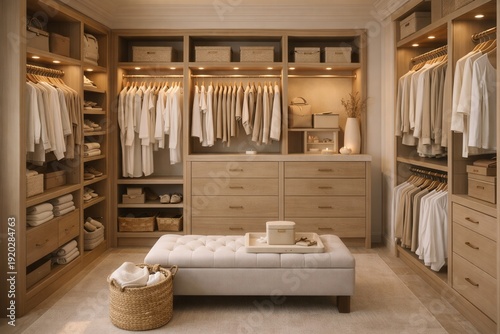 A large, well-lit walk-in closet with a white dresser and a tan bench
