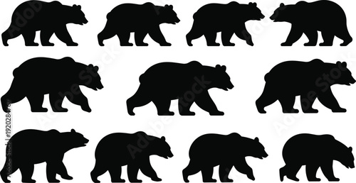 Grizzly Bear Silhouette Collection, Walking Brown Bear Vector Set, Wild Forest Animal Shapes for Wilderness Nature and Wildlife Conservation Designs,