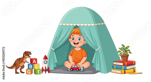 Young child sitting cross-legged in a teepee surrounded by toys and books in a playful indoor setting from a front viewpoint