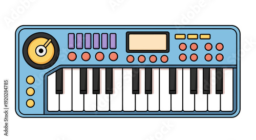 Electronic keyboard with controls and buttons on a blue background viewed from the front