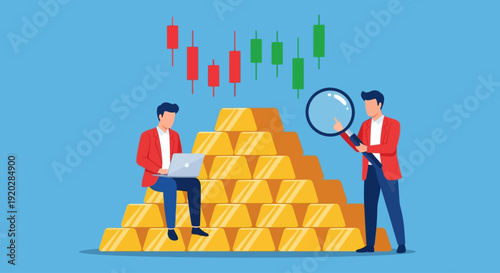Two businessmen analyzing a large pile of gold bars with financial graphs in the background