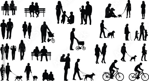 People silhouettes collection featuring families walking dogs, couples on benches, cyclists, and parents with strollers for urban lifestyle vector design