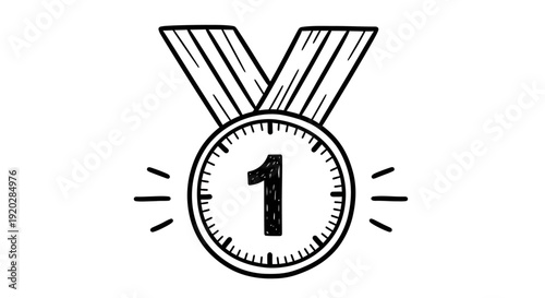 A black and white illustration of a medal with a ribbon, symbolizing achievement and excellence in a competitive event.