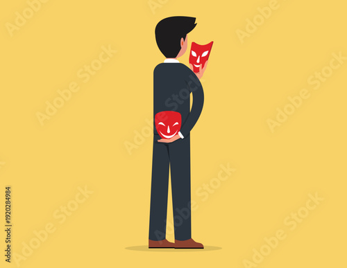 Corporate Hypocrisy and Social Persona. Businessman wearing a mask in social context