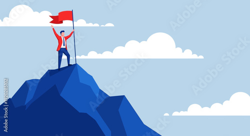 A triumphant figure stands atop a majestic mountain peak, holding a red flag aloft against a serene sky with puffy white clouds.