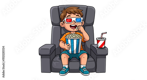 A young boy enjoys a cinematic experience at home, sitting comfortably on a couch, wearing 3D glasses, and snacking on popcorn