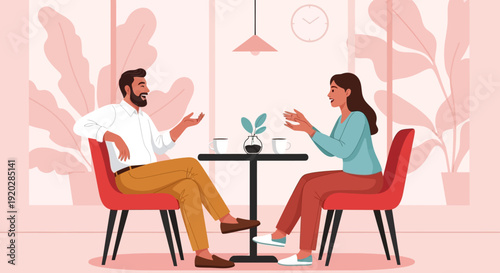 Couple Having Conversation Over Coffee in a Modern Café Setting