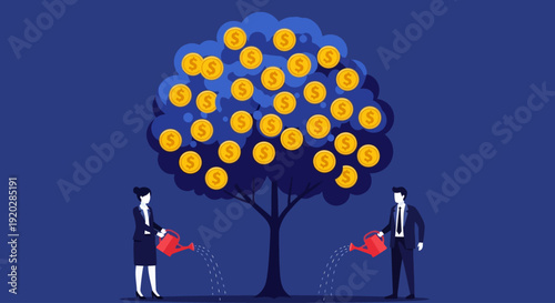 Business professionals watering a tree with gold coins, symbolizing investment growth and financial success in a corporate setting from a straightforward viewpoint.