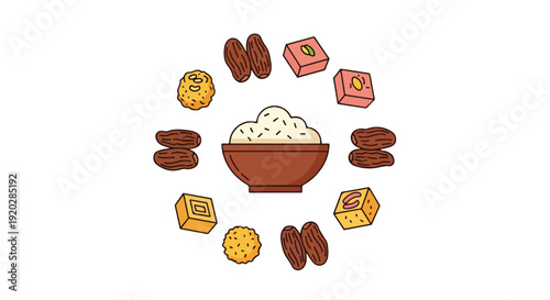 Iftar meal and Ramadan sweets icon collection. Includes dates, halwa, laddu, and a bowl of rice pudding. Created in outlined style with brown and pastel color palette.