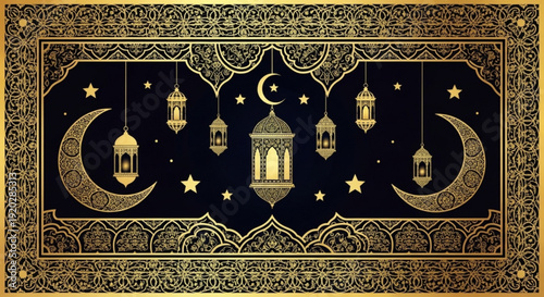 Elegant gold ramadan lanterns and crescent moons on black background with intricate border design