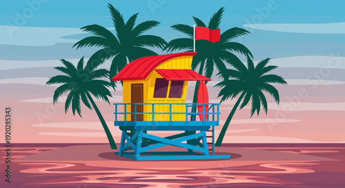 A vibrant lifeguard tower stands tall among palm trees on a serene beach at sunset, viewed from a slight elevation