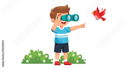 A young boy observes a red bird in a lush green environment through binoculars with a smile