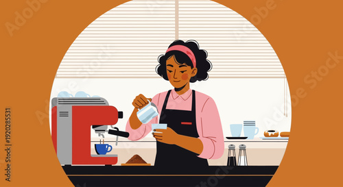 Woman preparing coffee in a modern kitchen with coffee machine, viewed from a slight angle