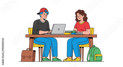 Two students collaborating on a project at a table with laptops and bags, sitting together in a relaxed environment from a front viewpoint.