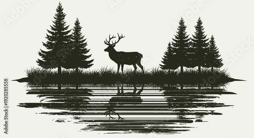 Deer standing by a serene lake surrounded by tall evergreen trees in a peaceful forest landscape viewed from a distance