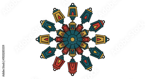 Intricate mandala design composed of 16 stylized lanterns in a circular arrangement, featuring a central teal medallion. The lanterns are colored in alternating red, gold