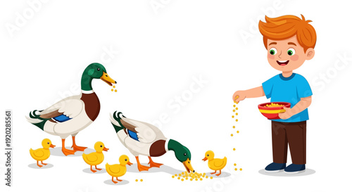 A young boy feeding ducks and ducklings in a serene outdoor setting from a frontal viewpoint
