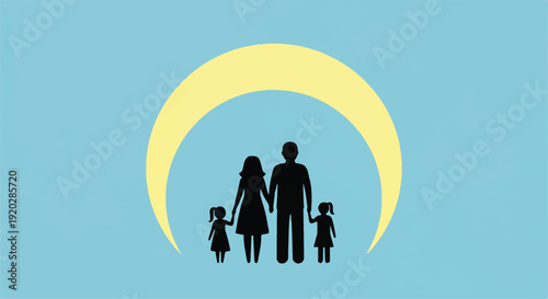 Family silhouette with a yellow crescent moon above, symbolizing protection and care. This vector illustration depicts a mother, father, and two children standing together
