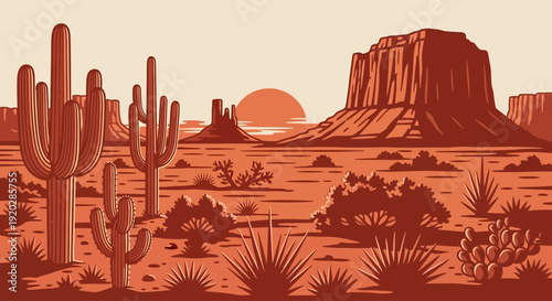 A serene desert landscape illustration at dusk featuring cacti plants rocks and mountains in a vast terrain viewed from a distance