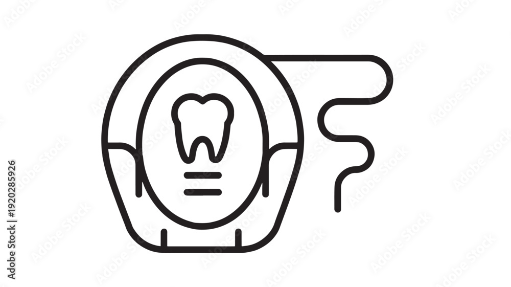 Obraz premium Tooth whitening icon with dental chair and light symbol, minimal outline vector in black line style for dentistry clinic, oral care, hygiene, and medical app UI