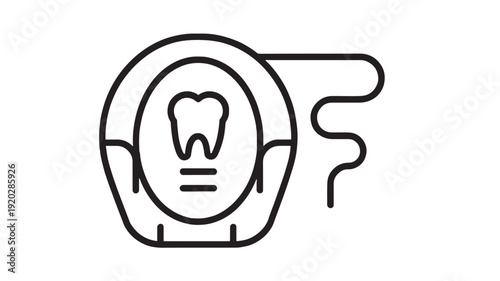 Tooth whitening icon with dental chair and light symbol, minimal outline vector in black line style for dentistry clinic, oral care, hygiene, and medical app UI