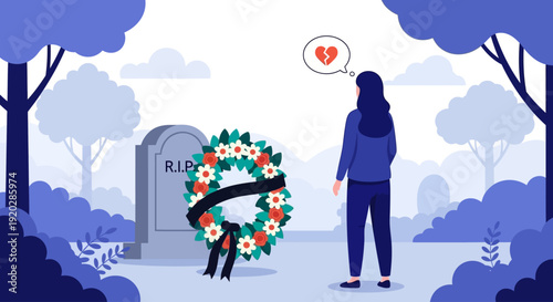 Woman standing alone in a serene cemetery, paying respects at a grave adorned with a floral wreath and ribbon, lost in thought
