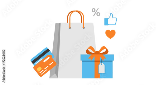 A shopping bag and gift box with a credit card surrounded by social media like and percentage symbols on a clean background