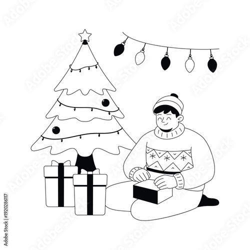 Glyph illustration of a man wrapping gifts under a decorated Christmas tree