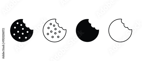 Bitten chocolate chip cookie vector icon set with white background