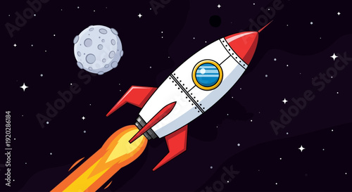A cartoon rocket launches into outer space with a moon in the background
