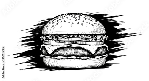A detailed illustration of a burger with sesame seeds on a bun, viewed from the front, showcasing food texture and design.