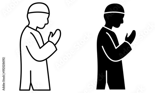 Islamic Prayer Icons Man Praying Silhouette and Outline