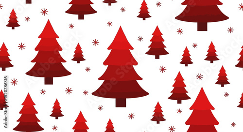 Festive Christmas trees and stars pattern in a vibrant red and white illustration