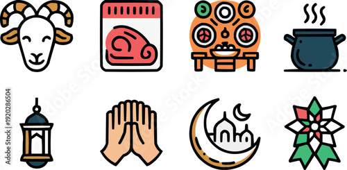 Eid al-adha celebration icons with sacrifice animal, food, and prayer elements