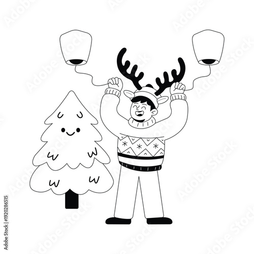 Cheerful man holding lanterns near a Christmas tree, glyph illustration