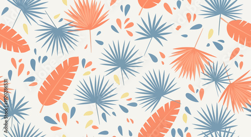 Vibrant tropical leaves and flowers pattern viewed from directly above in a lively environment